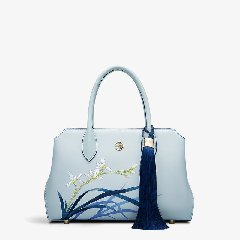 Embroidery Leather Crossbody Tote Bag Blue Orchid-Tote Bag-SinoCultural-Blue-Single Bag-P120609-SinoCultural