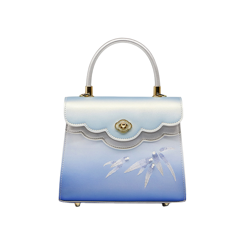 Embroidery Leather Blue Tote Bag Bamboo Elegant Handbag - SinoCultural