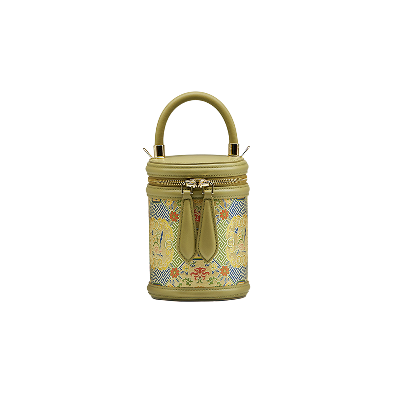 Song Brocade Leather Bucket Cylinder Bag - SinoCultural