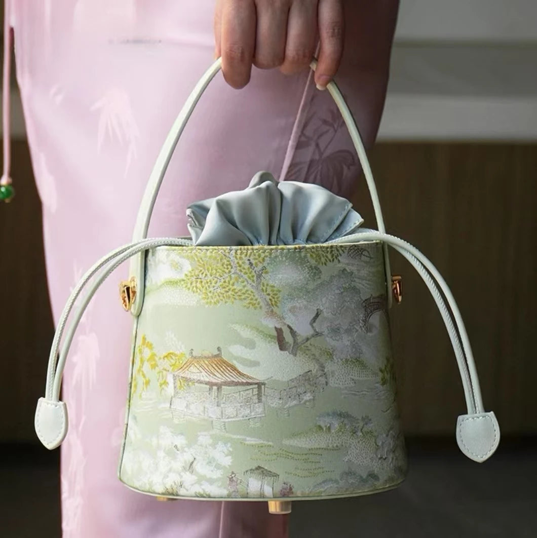 Chinese Painting Mulberry Silk Green Bucket Designer Handbag