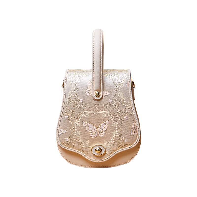 Brocade Jacquard Beige Butterfly Designer Saddle Bag - SinoCultural