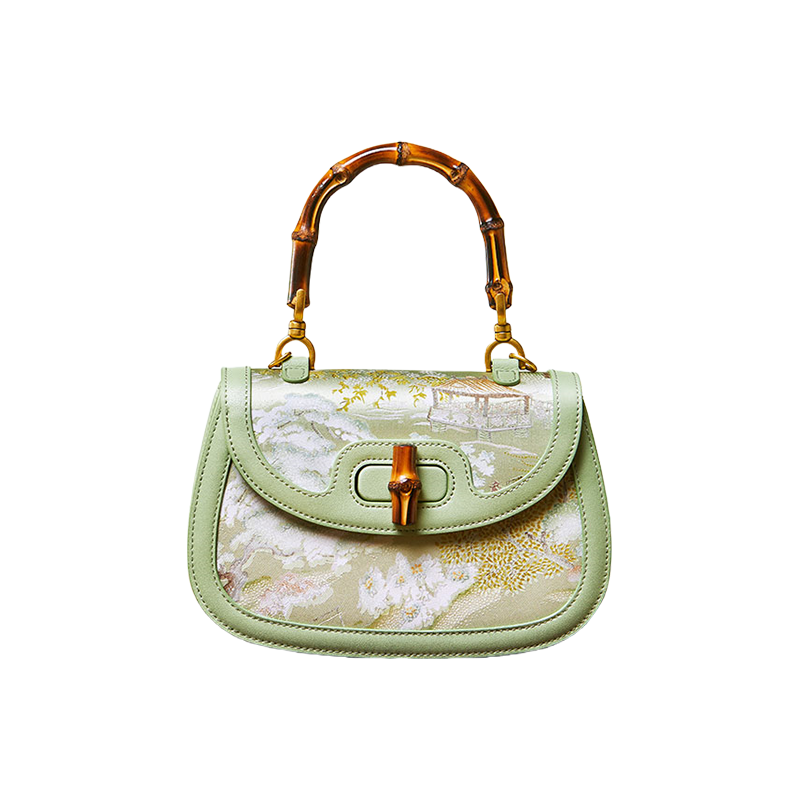 Chinese Painting Mulberry Silk GreenBamboo Handle Handbag