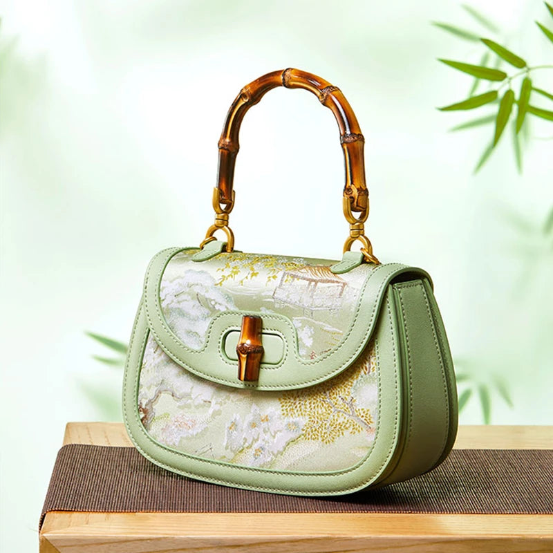 Chinese Painting Mulberry Silk GreenBamboo Handle Handbag - SinoCultural