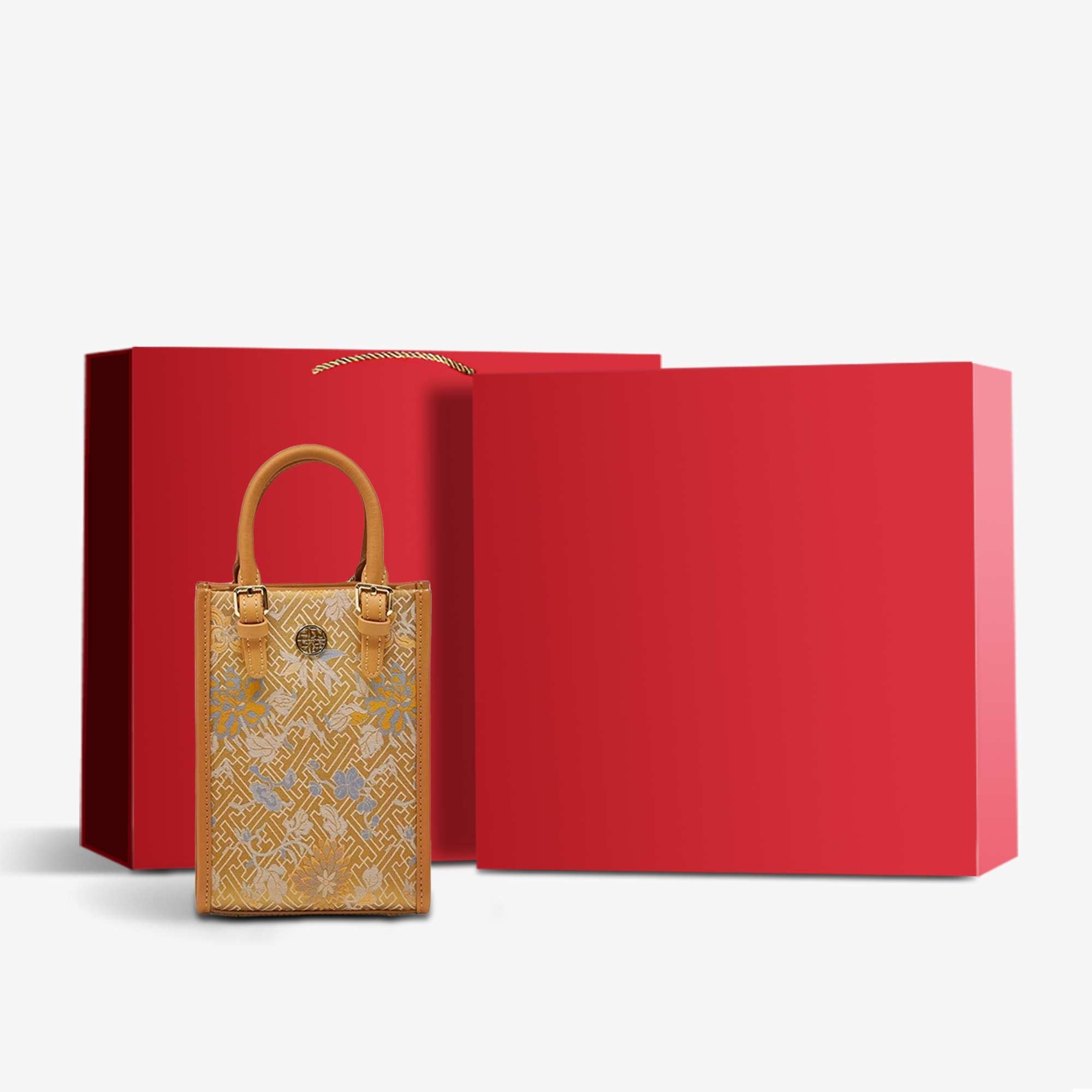 Song Brocade Mulberry Silk Retro Shoulder Handbag-Tote Bag-SinoCultural-Brown-Bag with Gift Box-P120639-g-SinoCultural