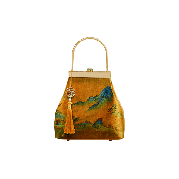 Chinese Painting Mulberry Silk Lux Kiss Lock Clutch Handbag - SinoCultural -- P170076