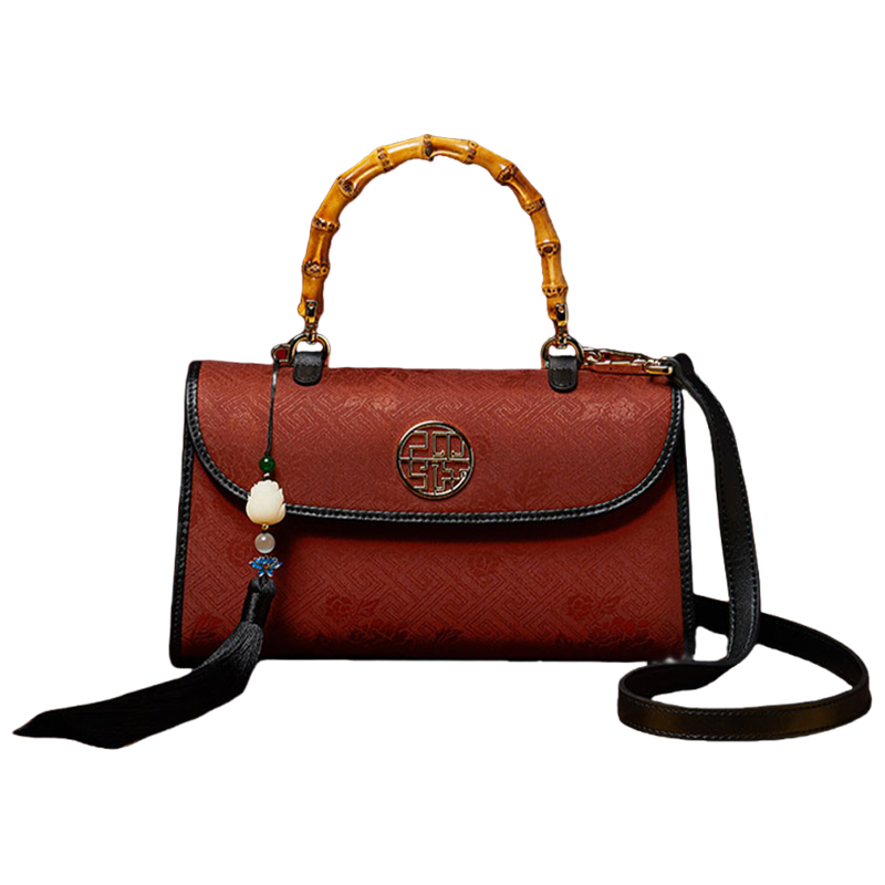 Xiangyunsha Silk Bamboo Handle Brwon Handbag - SinoCultural