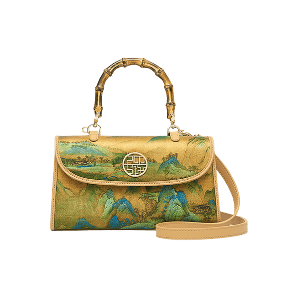 Chinese Painting Xiangyunsha Silk Bamboo Handle Barrel Handbag - SinoCultural -- P170079