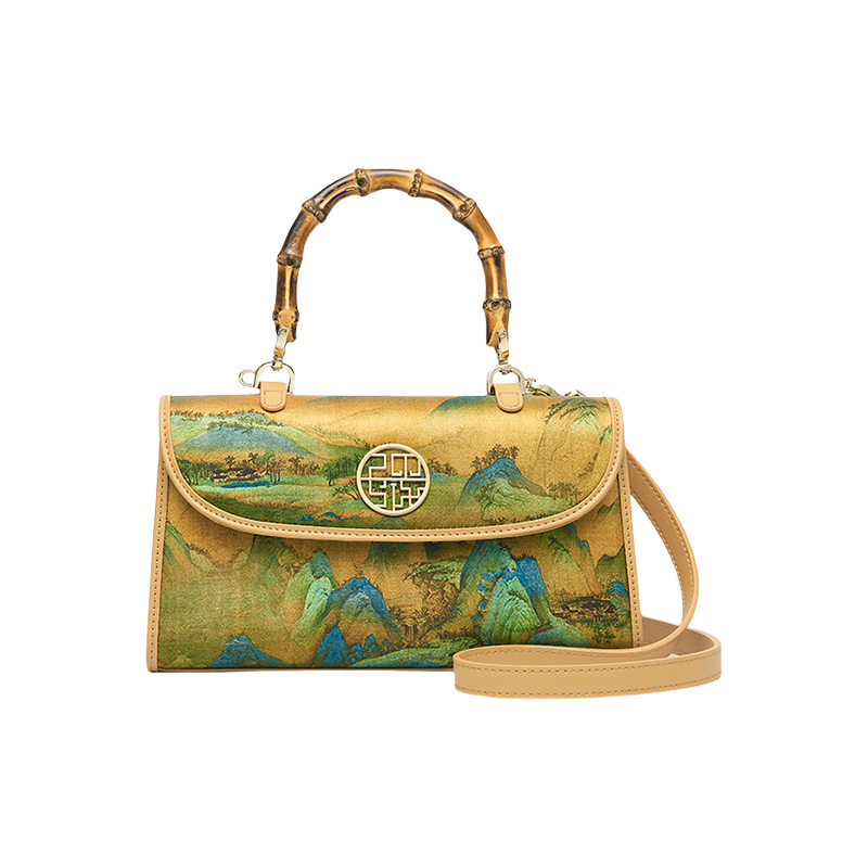 Chinese Painting Xiangyunsha Silk Bamboo Handle Barrel Handbag - SinoCultural