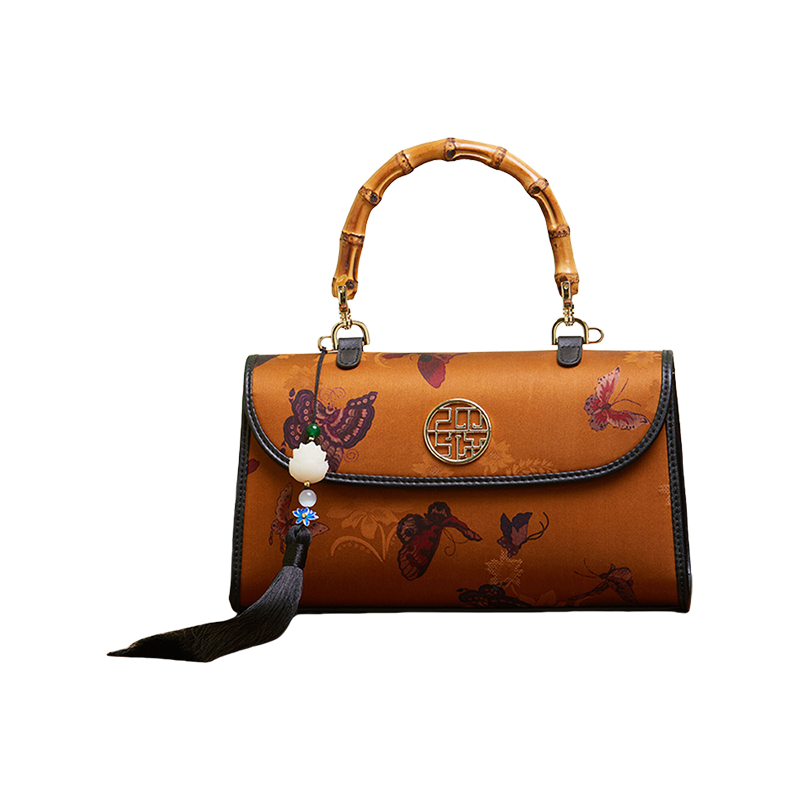 Xiangyunsha Silk Brown Butterfly Bamboo Handle Handbag - SinoCultural