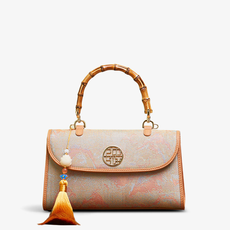 Song Brocade Silk Bamboo Handle Handbag-Handbag-SinoCultural-Orange-Single Bag-P170079BN-1-SinoCultural