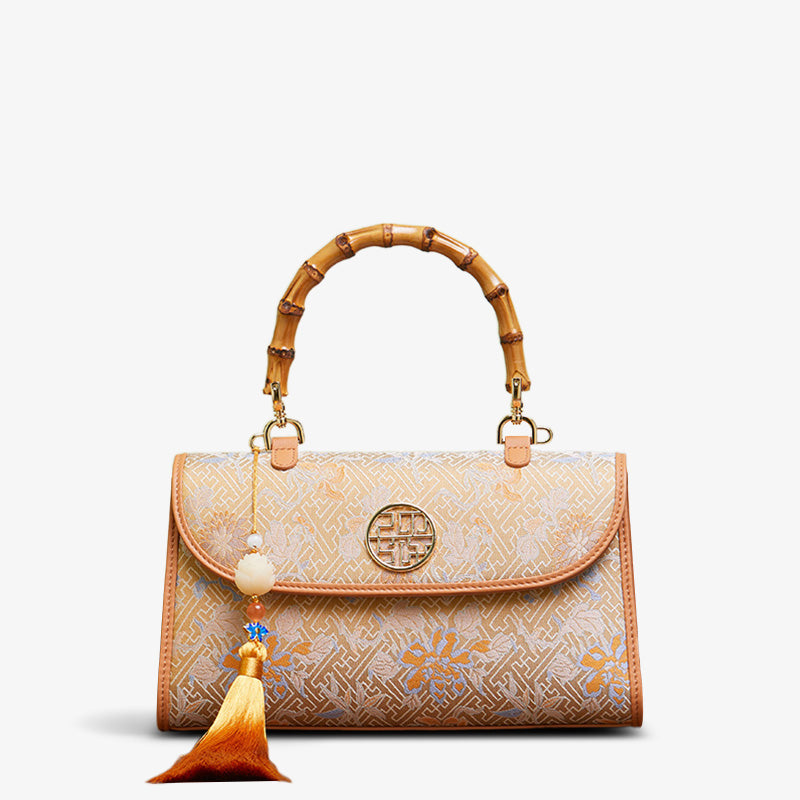 Song Brocade Silk Bamboo Handle Handbag-Handbag-SinoCultural-Orange-Single Bag-P170079BN-2-SinoCultural