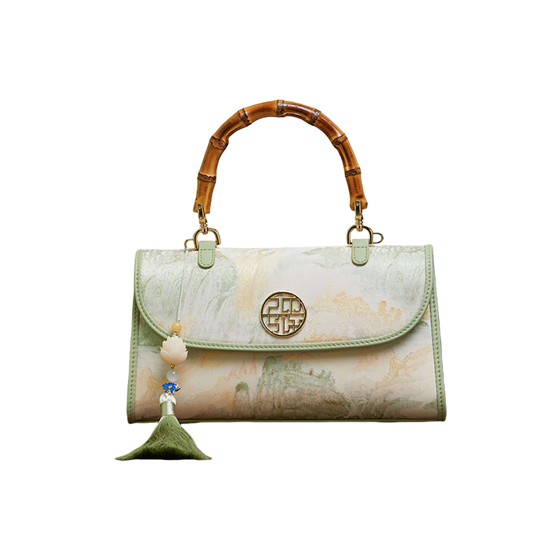 Chinese Style Mulberry Silk Bamboo Handle Light Green Handbag - SinoCultural