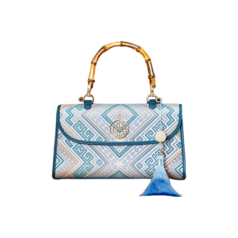 Zhuang Brocade Leather Bamboo Handle Blue Crossbody Bag - SinoCultural