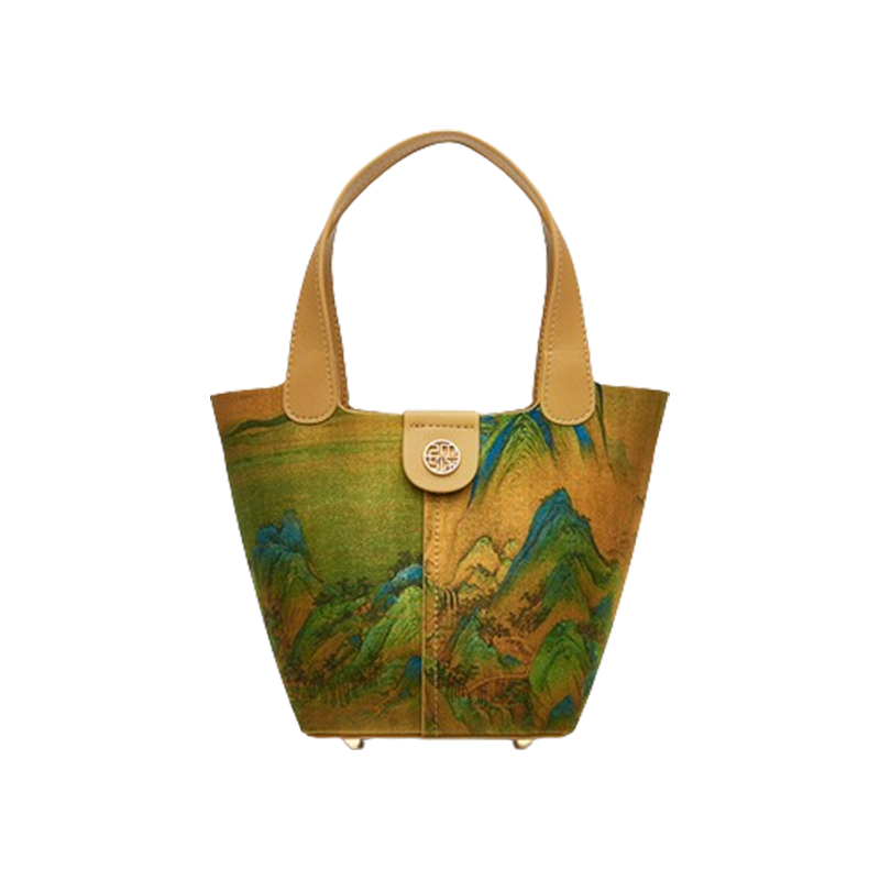 Chinese Painting Mulberry Silk Traditional Gold Basket Bag