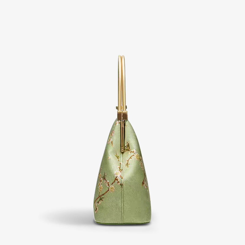 Mulberry Silk Light Green Kiss Lock Frame Bag-Handbag-SinoCultural-SinoCultural