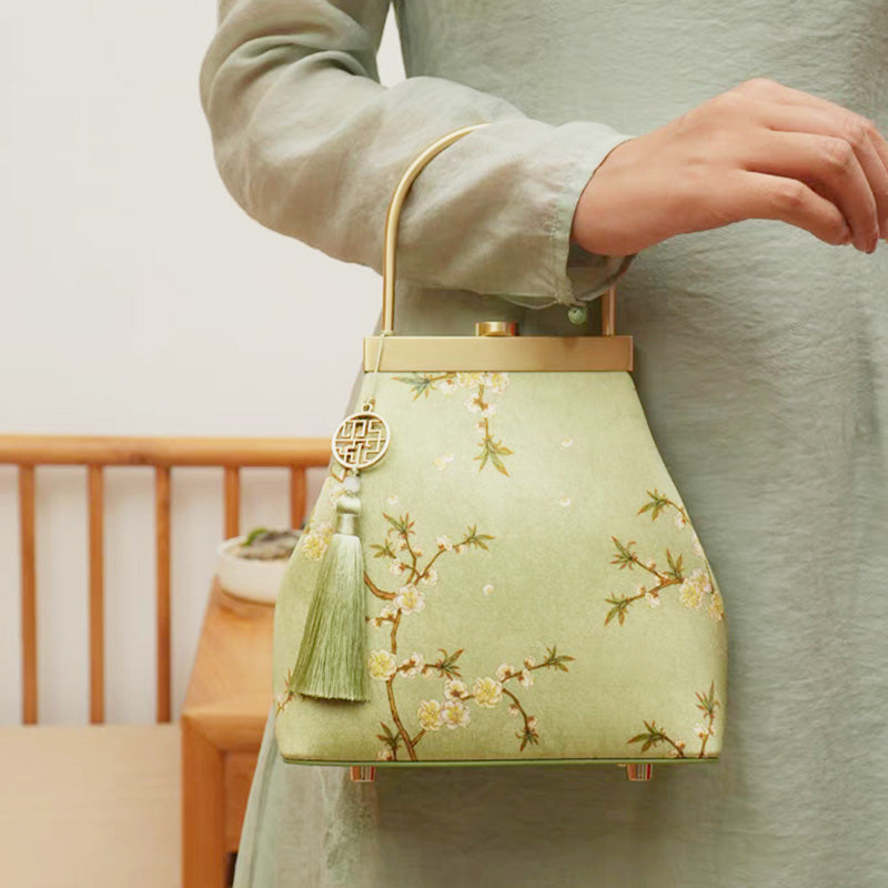 Mulberry Silk Light Green Kiss Lock Frame Bag-Handbag-SinoCultural-SinoCultural