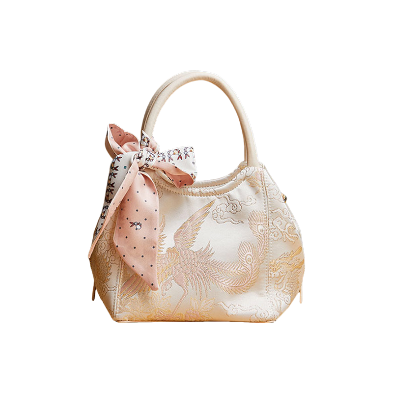 Brocade Jacquard Silk Powder Pink Phoenix Bucket Bag - SinoCultural