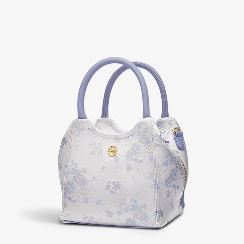 Embroidery Purple Rose Mulberry Silk Bucket Handbag-Bucket Bag-SinoCultural-SinoCultural
