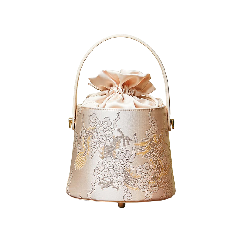 Brocade Jacquard Leather Drawstring Beige Bucket Bag Loong Pattern - SinoCultural