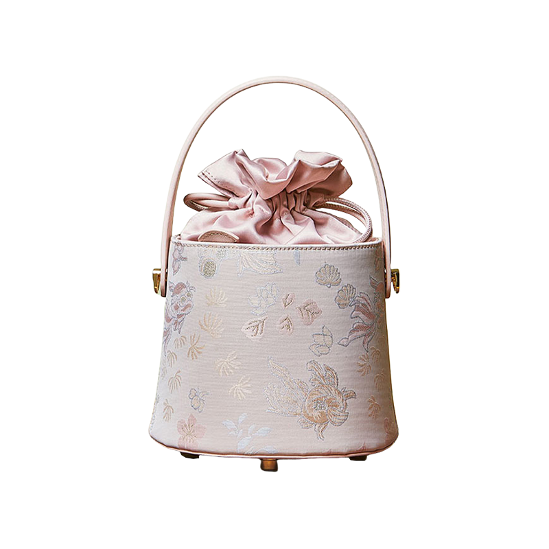 Brocade Jacquard Leather Drawstring Floral Powder Pink Bucket Bag - SinoCultural