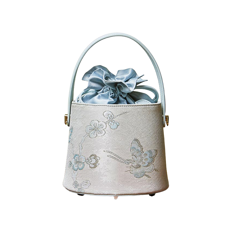 Brocade Jacquard Leather Drawstring Blue Butterfly Bucket Bag - SinoCultural