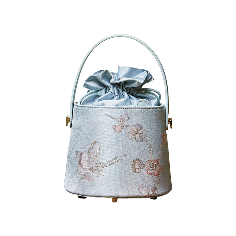 Brocade Jacquard Leather Drawstring Light Blue Butterfly Bucket Bag - SinoCultural