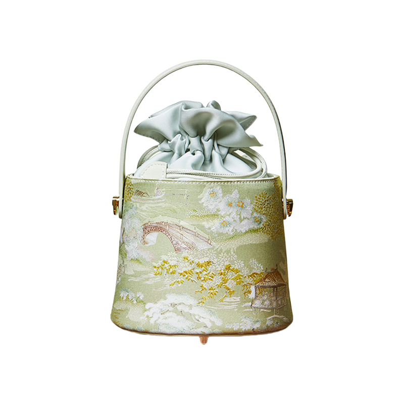 Chinese Painting Mulberry Silk Green Bucket Designer Handbag - SinoCultural