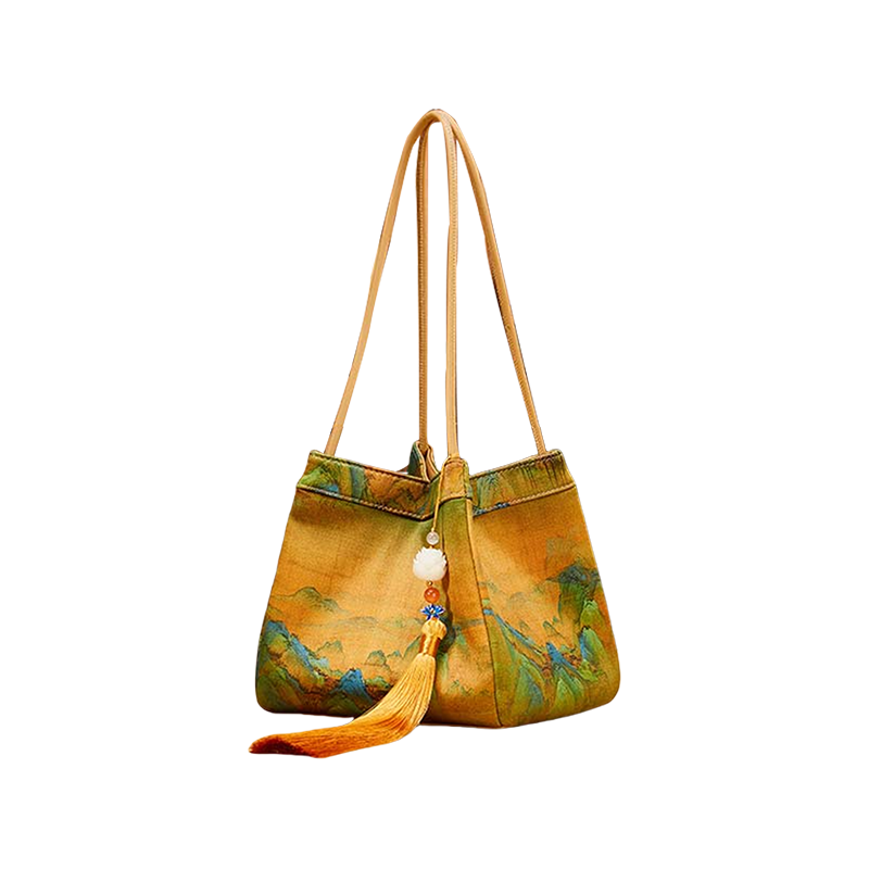 Chinese Painting Mulberry Silk Bucket Bag Vintage Handbag