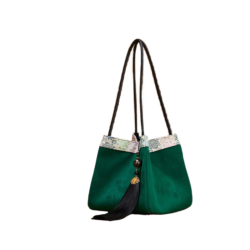 Xiangyunsha Silk Jacquard Vintage Green Bucket Bag - SinoCultural