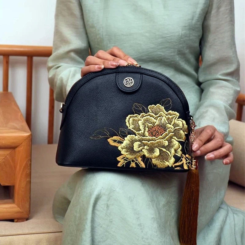 Embroidery Leather Shoulder Bag High Luxury Royal Gold Peony-Shoulder Bag-SinoCultural-Black-Single Bag-P210079-SinoCultural