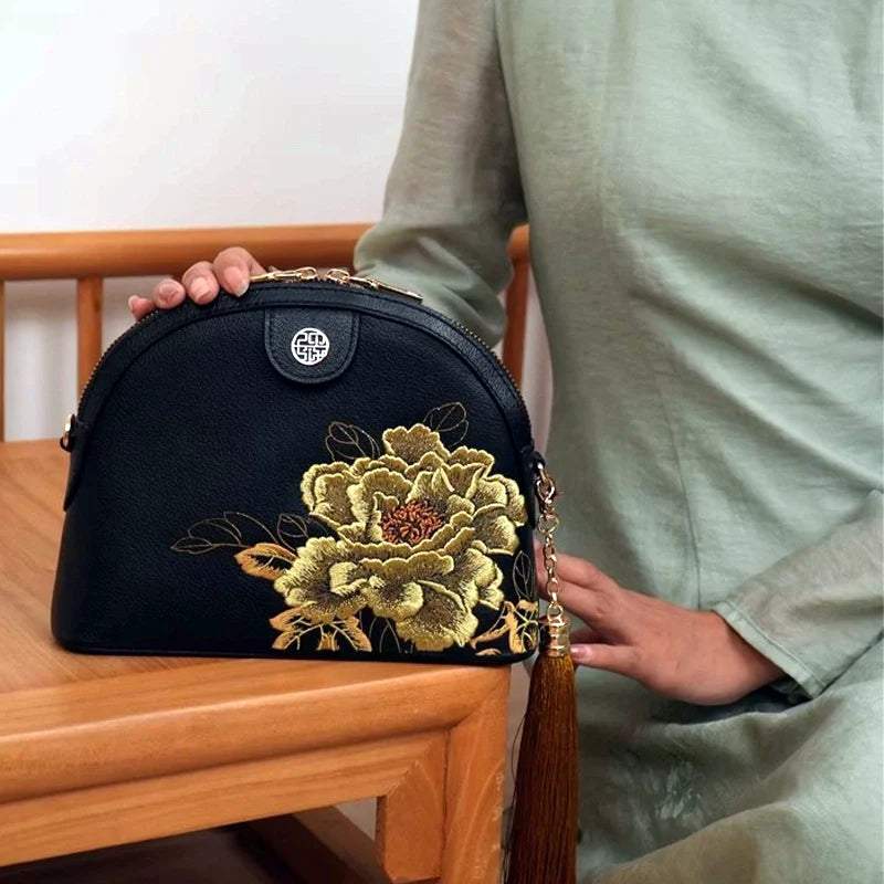 Embroidery Leather Shoulder Bag High Luxury Royal Gold Peony-Shoulder Bag-SinoCultural-SinoCultural