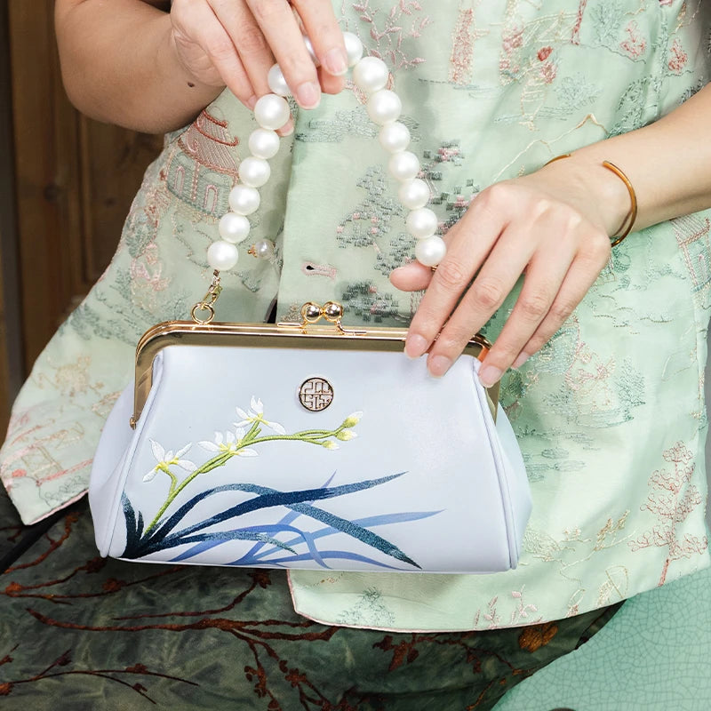 Embroidery Leather Pearl Chain Frame Handbag Orchid