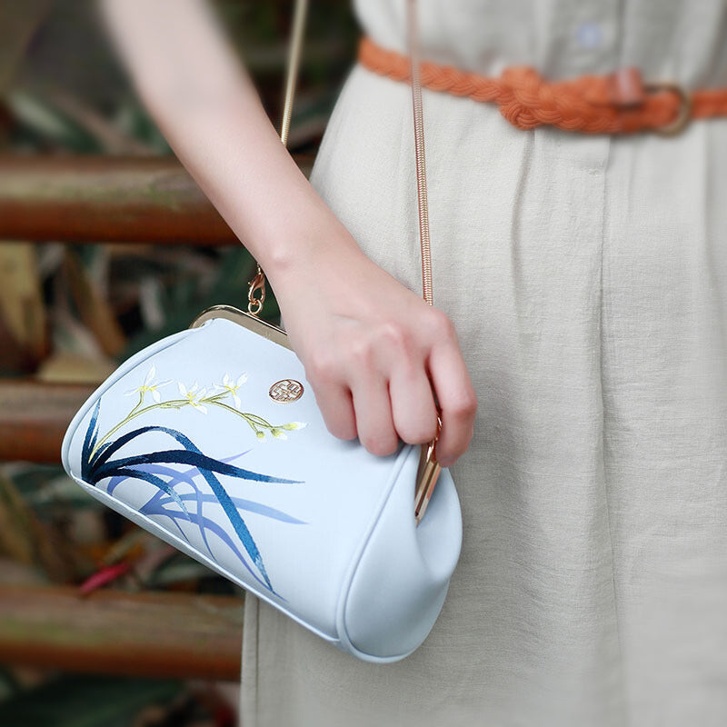 Embroidery Leather Pearl Chain Frame Handbag Orchid-Handbag-SinoCultural-SinoCultural