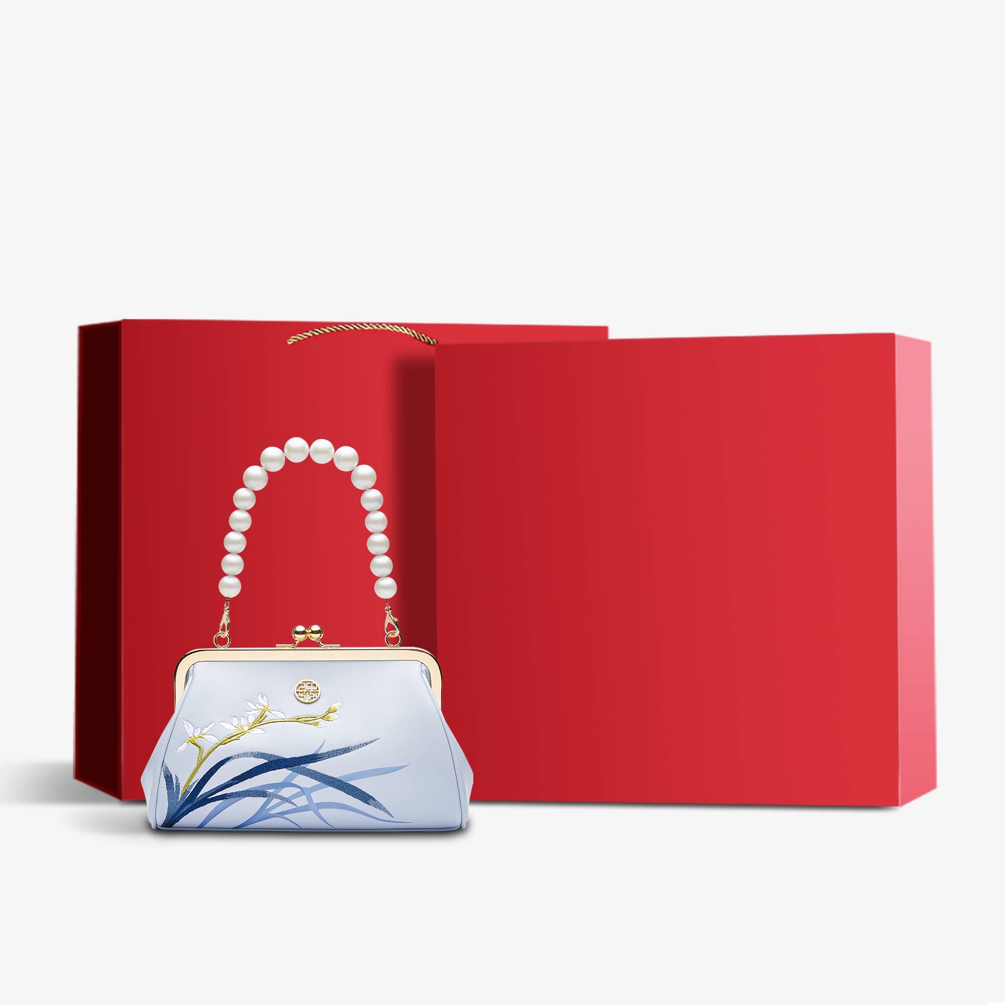 Embroidery Leather Pearl Chain Frame Handbag Orchid-Handbag-SinoCultural-Blue-Bag with Gift Box-P220063-g-SinoCultural