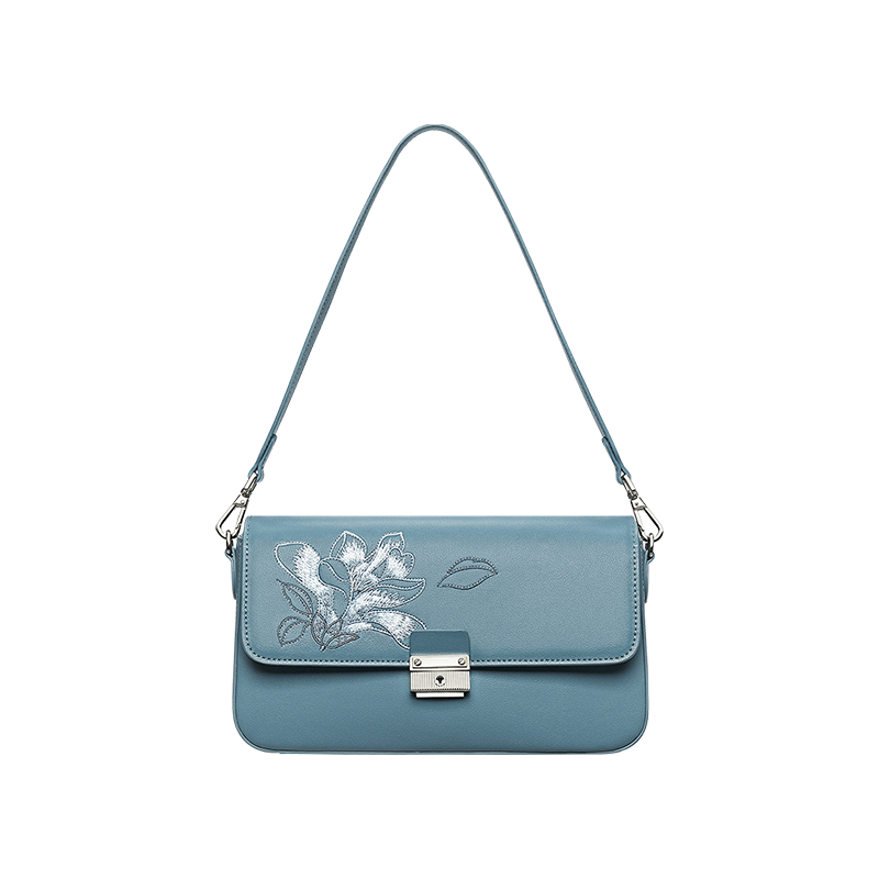 Embroidery Magnolia Leather Shoulder Bag with Scarf