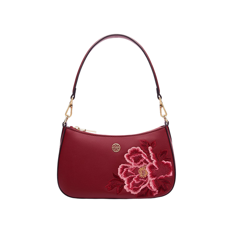 Embroidery Leather Red Shoulder Bag Peony Women's Hobo Handbag - SinoCultural