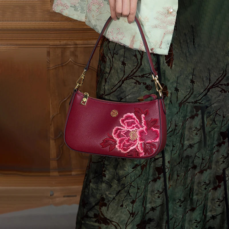 Embroidery Leather Peony Women's Shoulder Handbag