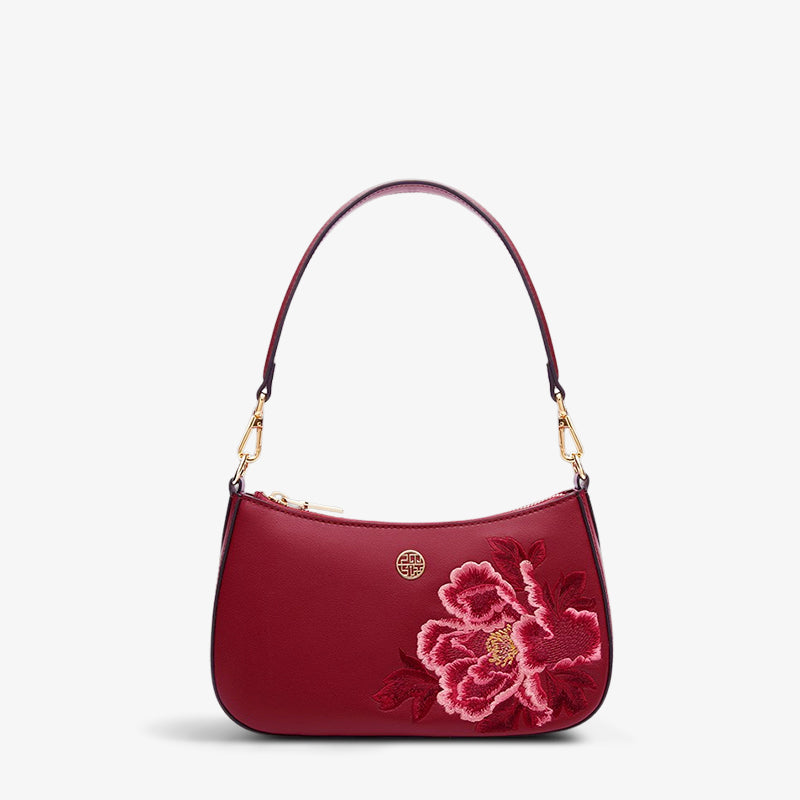 Embroidery Leather Peony Women's Shoulder Handbag-Shoulder Bag-SinoCultural-Red-Single Bag-P220212-1-SinoCultural