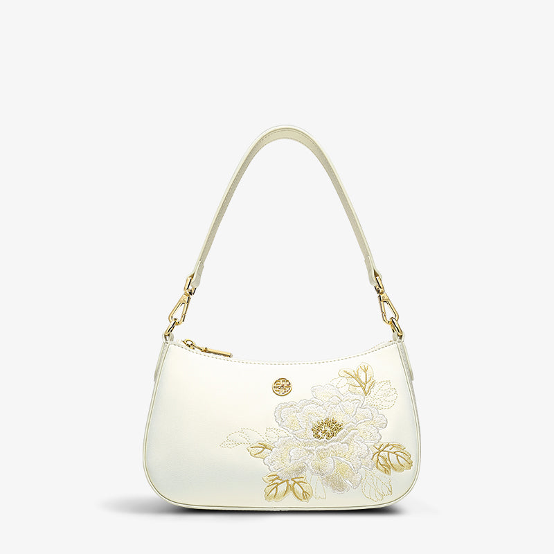 Embroidery Leather Peony Women's Shoulder Handbag-Shoulder Bag-SinoCultural-White-Single Bag-P220212-2-SinoCultural