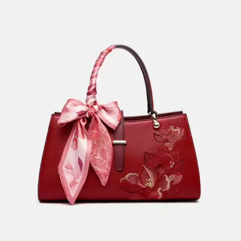 Embroidery Leather Red Magnolia Women's Handbag-Tote Bag-SinoCultural-SinoCultural
