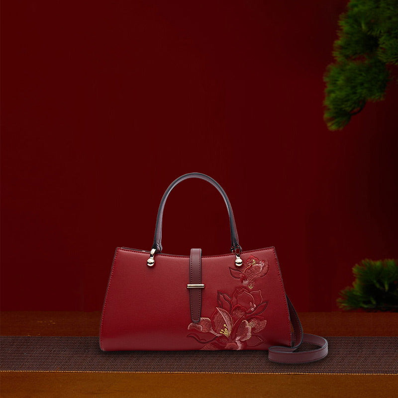 Embroidery Red Magnolia Women's Handbag
