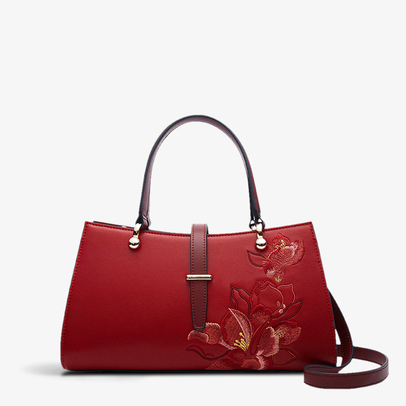 Embroidery Leather Red Magnolia Women's Handbag-Tote Bag-SinoCultural-Red-Single Bag-P220237-SinoCultural