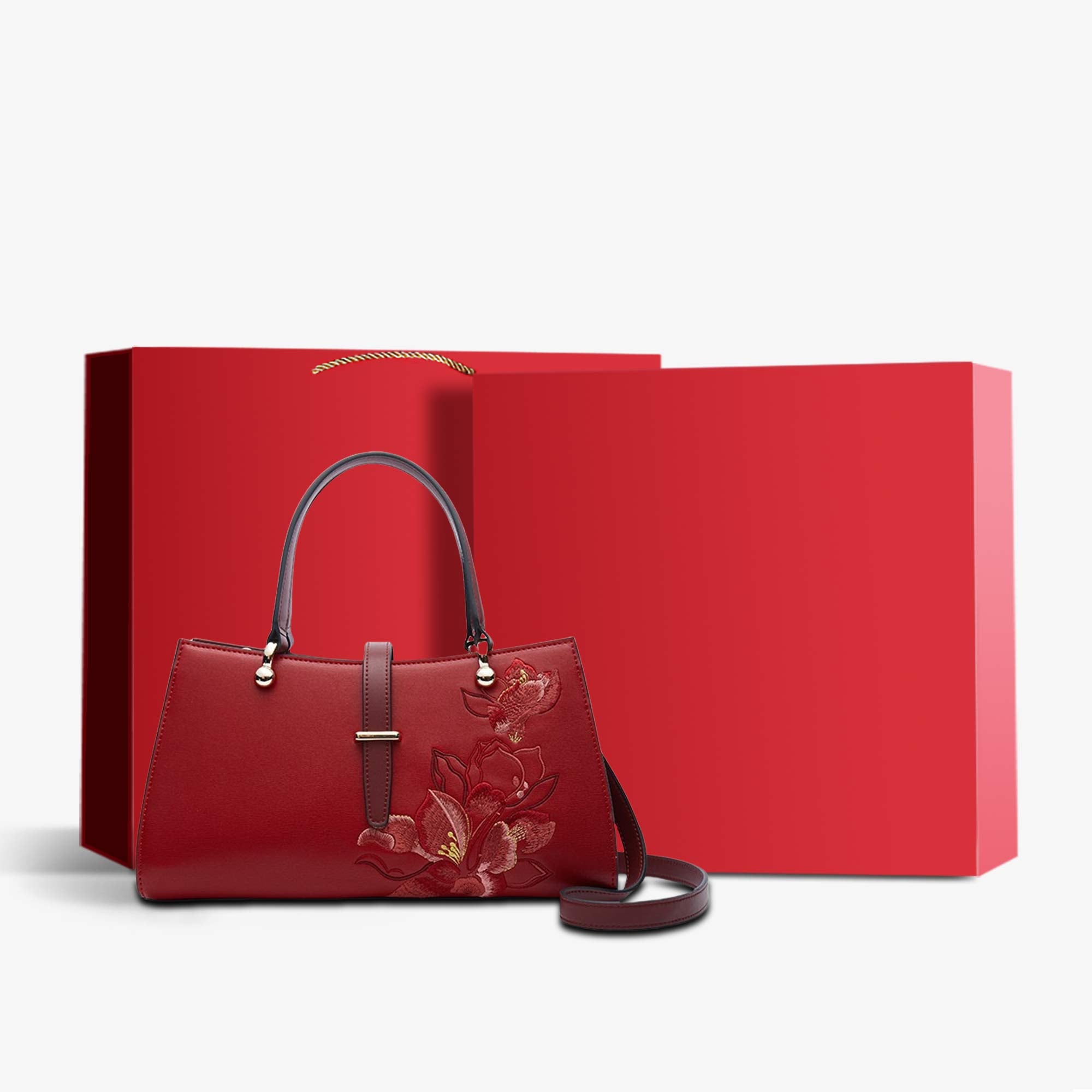 Embroidery Leather Red Magnolia Women's Handbag-Tote Bag-SinoCultural-Red-Bag with Gift Box-P220237-g-SinoCultural