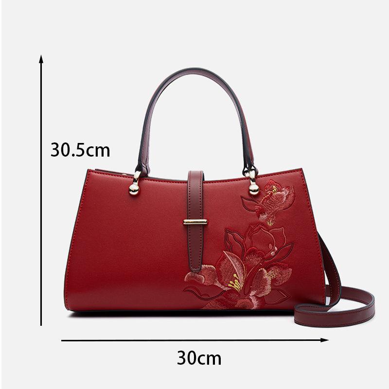 Embroidery Leather Red Magnolia Women's Handbag-Tote Bag-SinoCultural-SinoCultural
