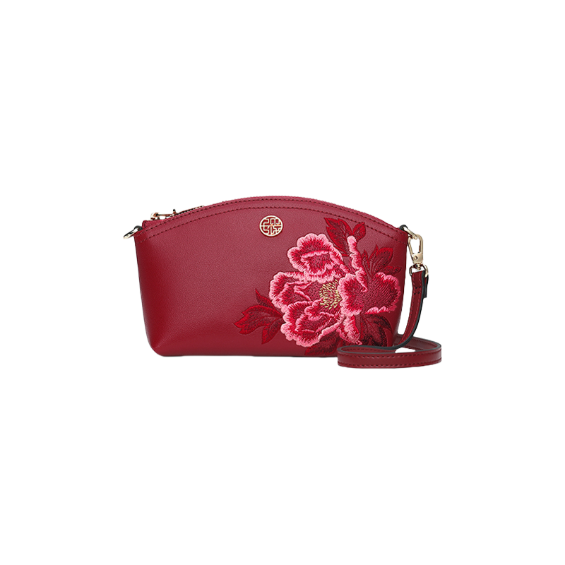 Embroidery Leather Red Peony Women Handbag Wallet