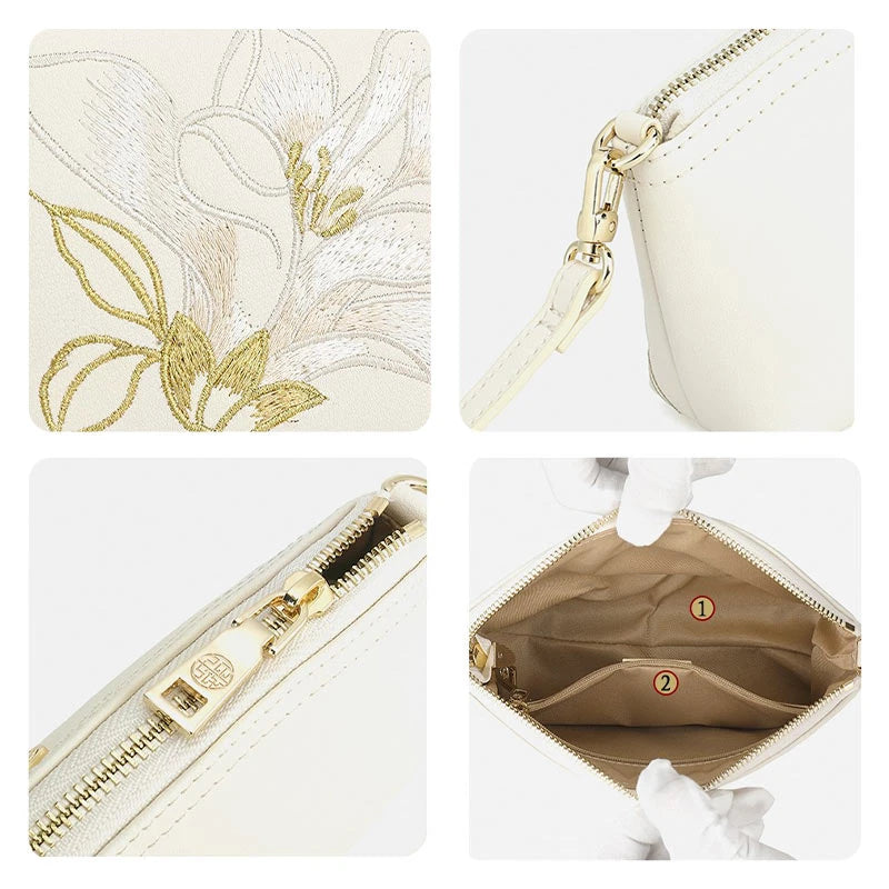 Embroidery Leather White Magnolia Women Handbag Wallet