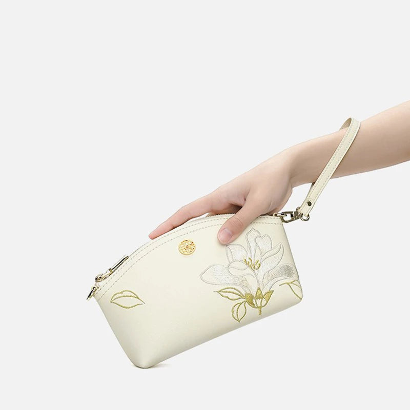 Embroidery Leather White Magnolia Women Handbag Wallet