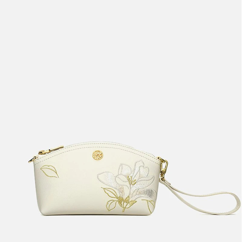 Embroidery Leather White Magnolia Women Handbag Wallet