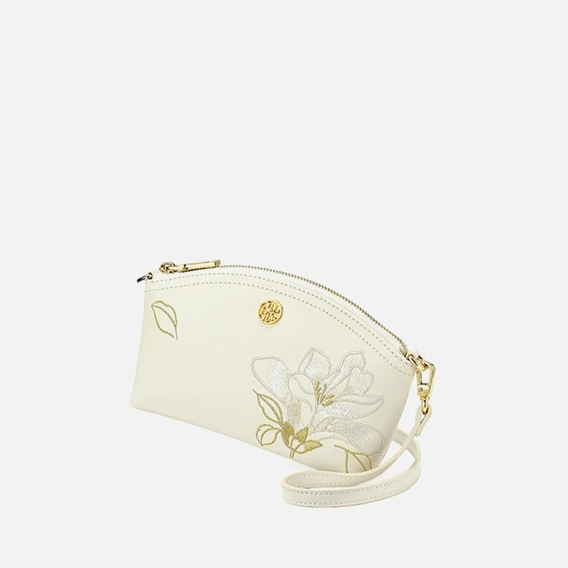 Embroidery Leather White Magnolia Women Handbag Wallet