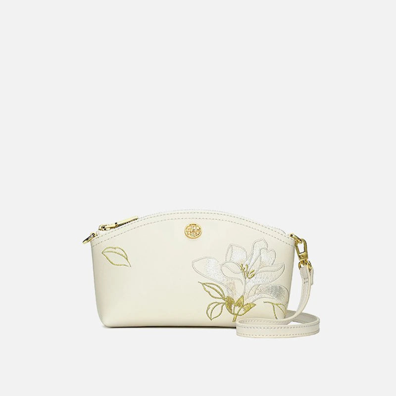 Embroidery Leather White Magnolia Women Handbag Wallet